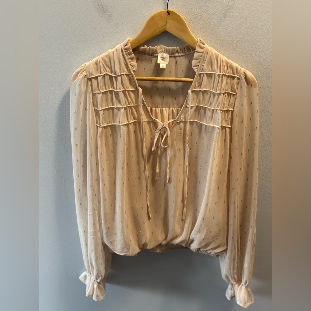 Autres Filles Sheer Blouse S Gold Silver Accents V-Neck Tie Detail Ruffled Cuffs